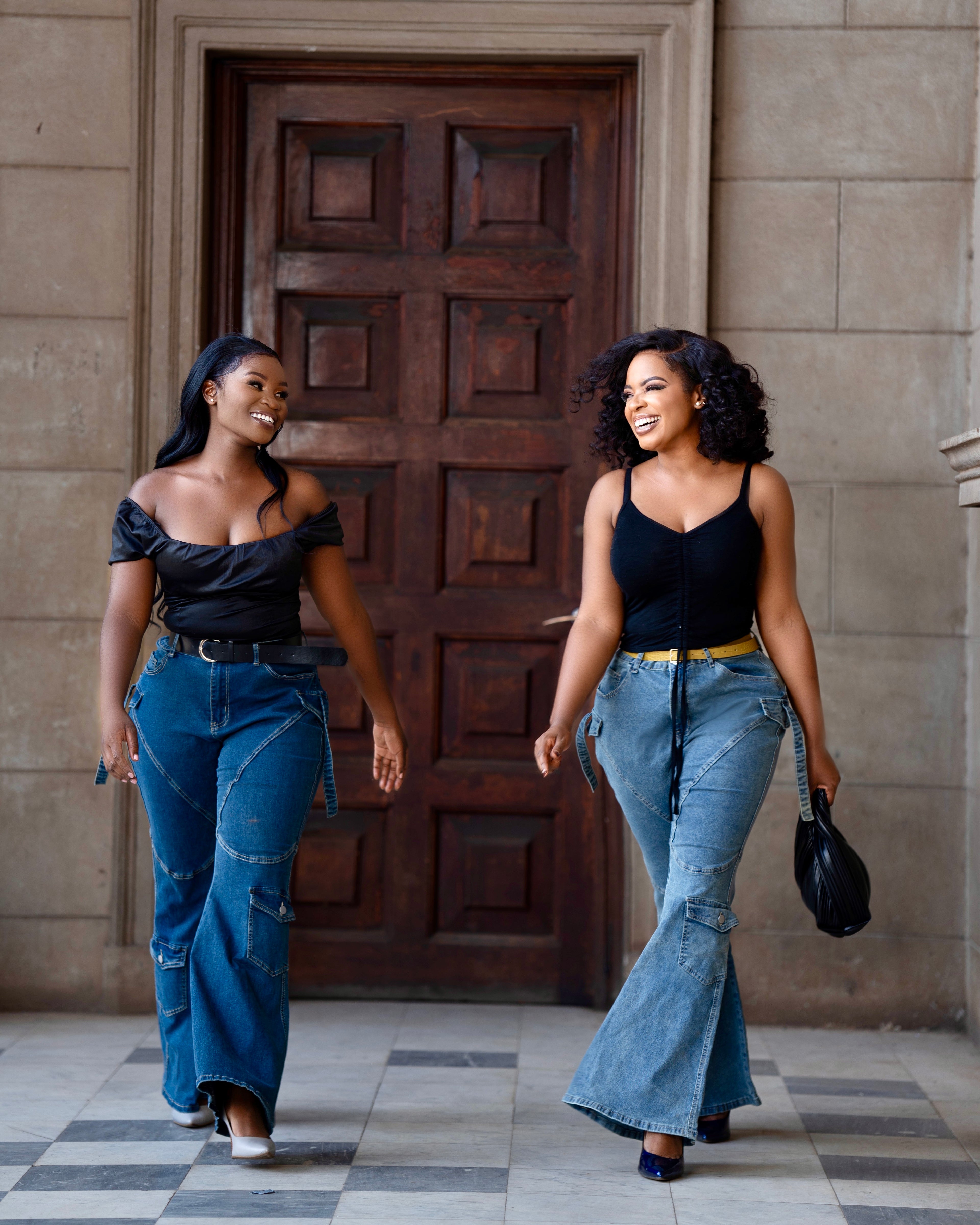 High-Waist Flare Cargo Denim Jeans