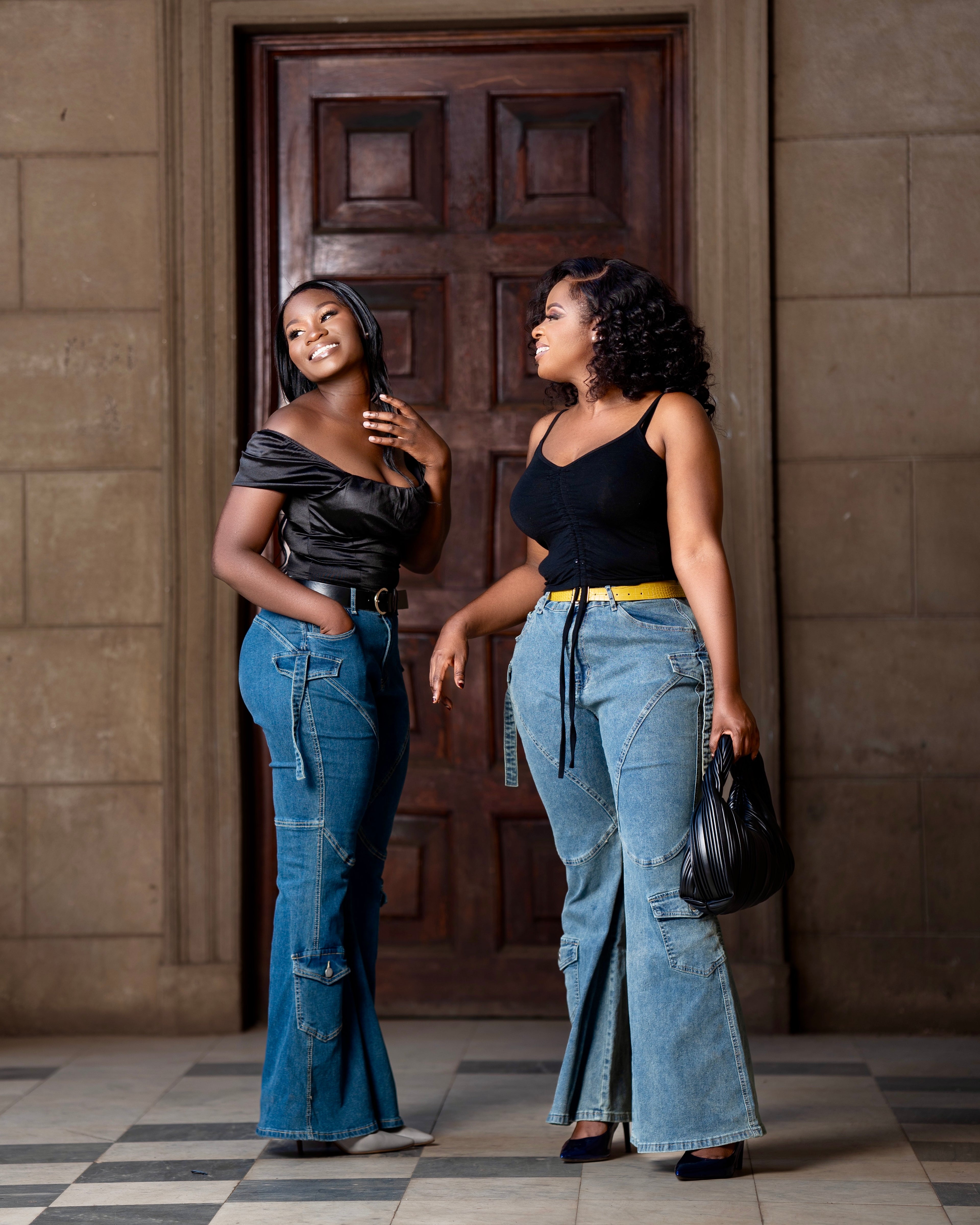 High-Waist Flare Cargo Denim Jeans